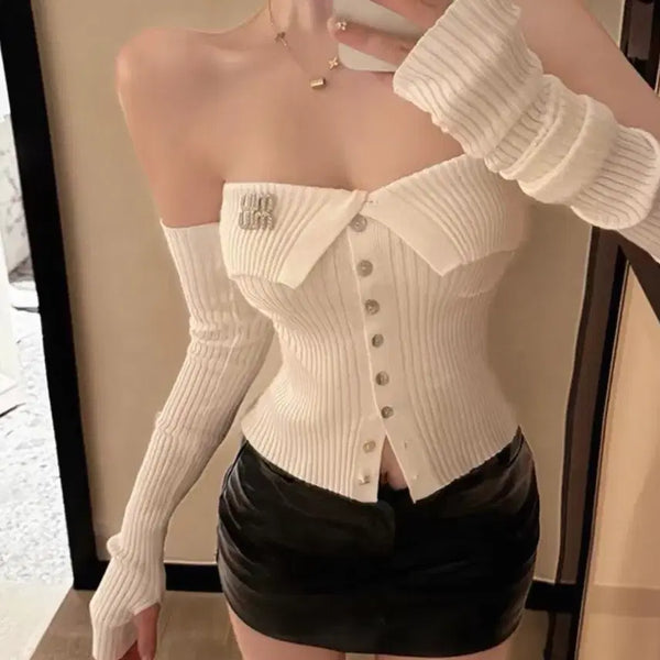 [BUNJANG] MiuBrooch Ribbed Off-Shoulder Top / 미우브로치 골지오프숄더