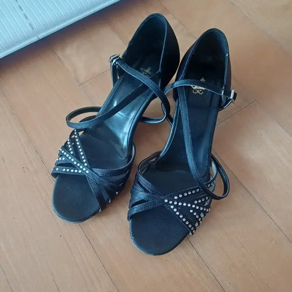 [BUNJANG] Rhinestone Embellished Dance Heels / 블랙 댄스화 힐 슈즈 라인스톤 장식
