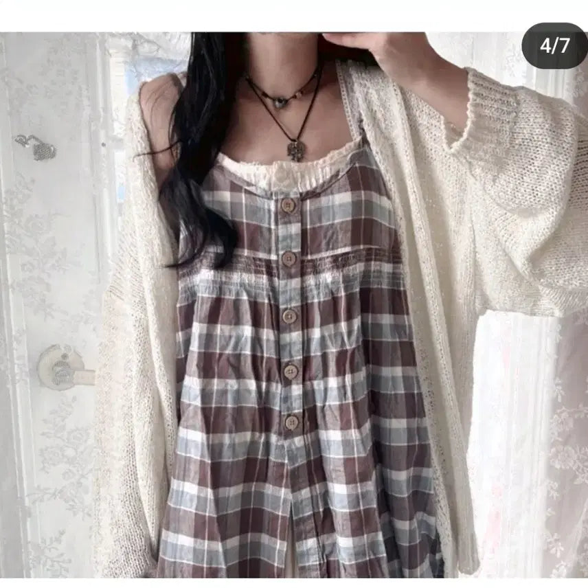 [BUNJANG] Mint Chocolate Check Camisole Top Vintage Mori Girl / 민트초코체크 대장끈나시바선생 멜팅유키빈티지모리걸갸루아메카지