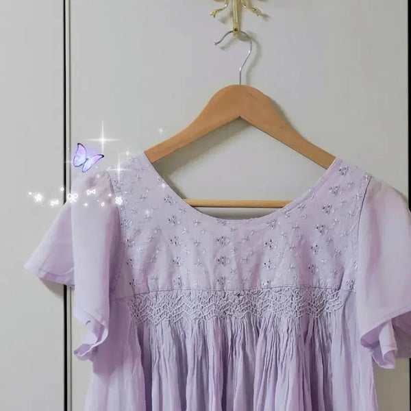 [BUNJANG] Vintage Mori Girl Embroidered Short Sleeve Blouse Dress / 빈티지모리걸 연보라자수 반팔블라우스원피스 하구미닛시눙카메마루봉지스즈코스냅
