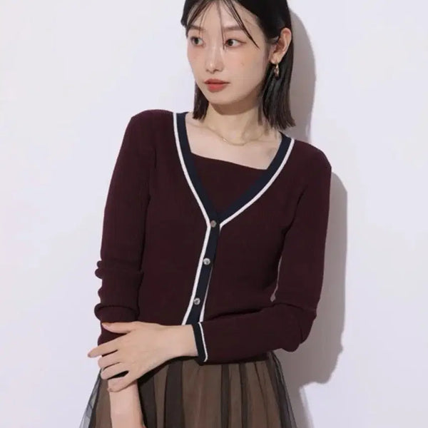 [BUNJANG] Mystrada Color-Block Line Cardigan Burgundy / Mystrada 배색 라인 가디건 버건디 스나계수입의류에이블리엉넬