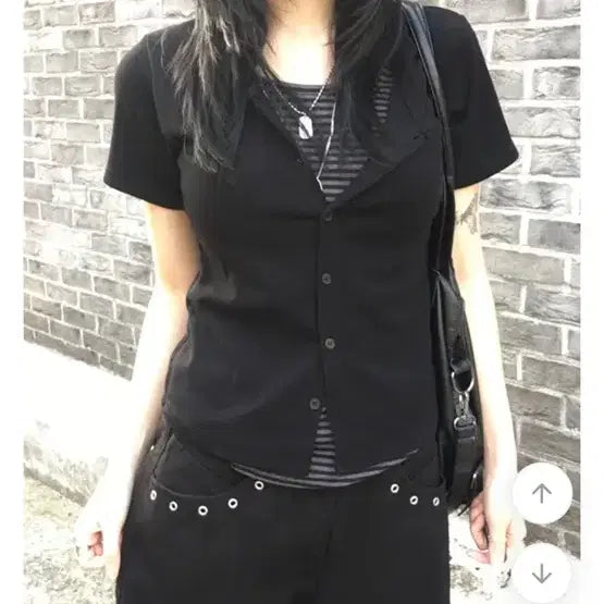 [BUNJANG] Striped T-Shirt Layered Cardigan / 일체형 반팔 스트라이프 티 레이어드 가디건