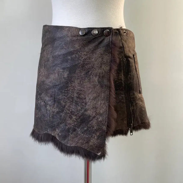 [BUNJANG] Vintage Leather Fur Trimmed Zipper Wrap Skirt / 빈티지 레더 퍼트리밍 지퍼 랩 스커트 y2k goa