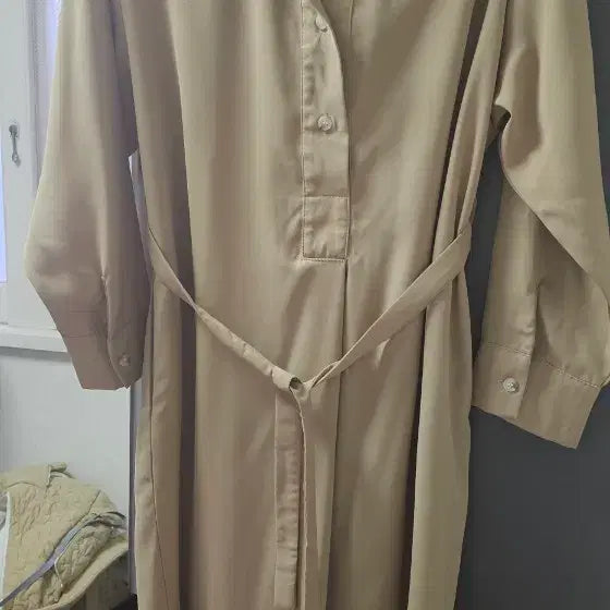 [BUNJANG] Beige Long Shirt Dress with Waist Tie Set / FU베이지 롱 셔츠 원피스 허리끈 세트