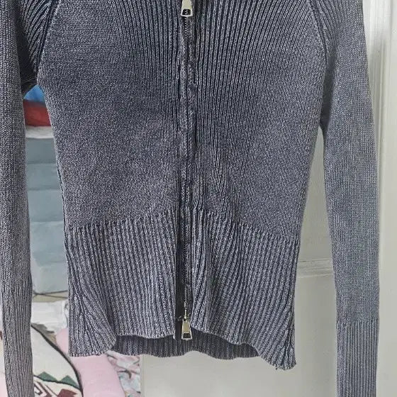 [BUNJANG] Ribbed Knit Hooded Zip-Up Gray / 골지 니트 후드 집업 그레이