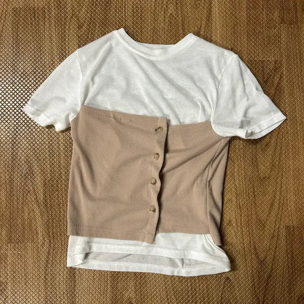 [BUNJANG] Layered Beige Bustier T-Shirt / 레이어드 베이지 뷔스티에 티셔츠