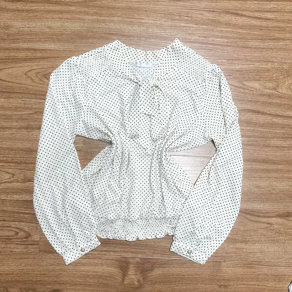 [BUNJANG] Vintage White Dot Ribbon Blouse / 빈티지 화이트 도트 리본 블라우스 티셔츠 히메갸루 로걀 라떼 모리걸 고딕