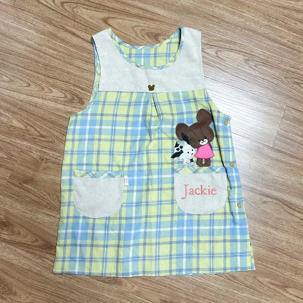 [BUNJANG] Vintage Check Bear Embroidery Apron / 빈티지 체크 곰돌이 앞치마 히메갸루 로걀 라떼 모리걸 아오이유우 하구미깔