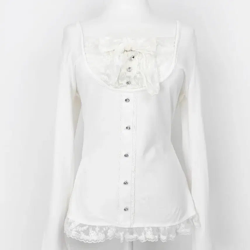 [BUNJANG] Rochal White Pintercal Dolcheon Top Frill Ribbon Jujanssi Japanese Vintage / 로걀 화이트 핀터깔 달천 탑 프릴 리본 짜잔씨 일본 빈티지 리즈리사깔