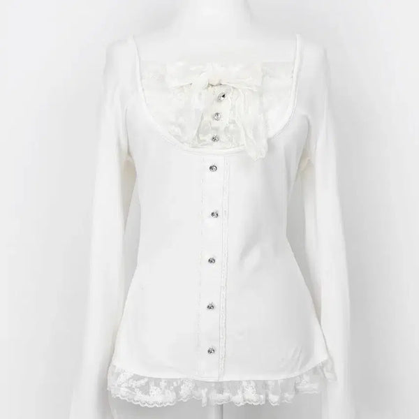[BUNJANG] Rochal White Pintercal Dolcheon Top Frill Ribbon Jujanssi Japanese Vintage / 로걀 화이트 핀터깔 달천 탑 프릴 리본 짜잔씨 일본 빈티지 리즈리사깔