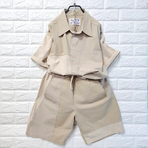 [BUNJANG] Beige Short Sleeve Shirt and Shorts Set / 베이지 반팔 셔츠 반바지 set