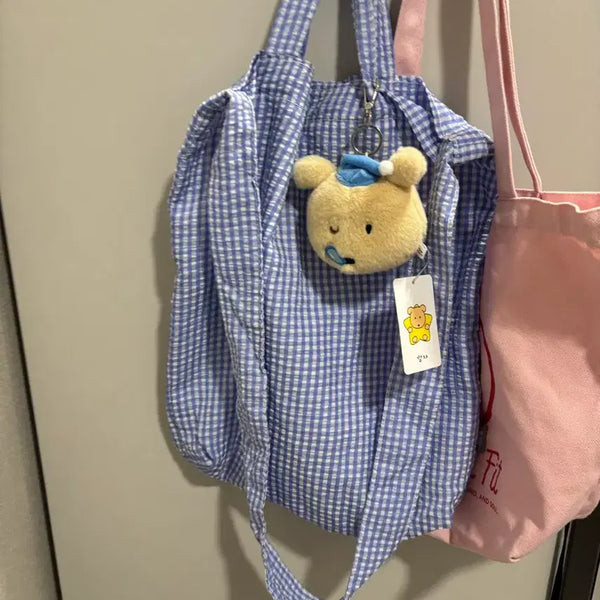[BUNJANG] Blue Checkered Crossbody Eco Bag with Charm / 크로스 가능한 에코백 + 키링