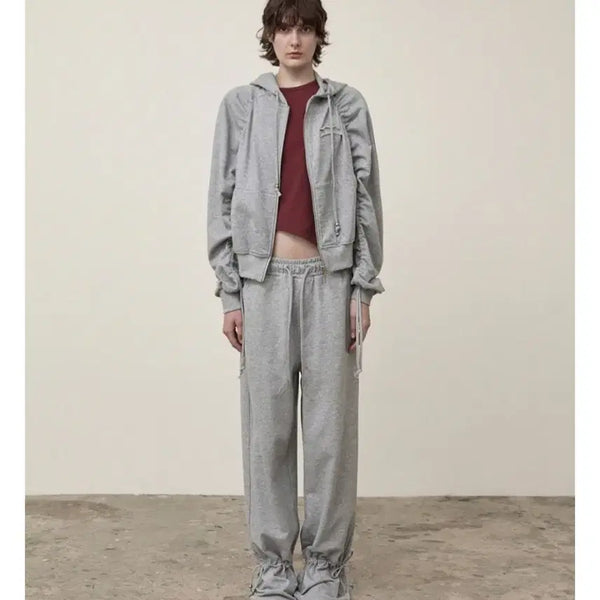 [BUNJANG] Matinkim Sleeve String Hood Zip-up Setup Grey / 마뗑킴 슬리브 스트링 후드 집업 셋업 그레이