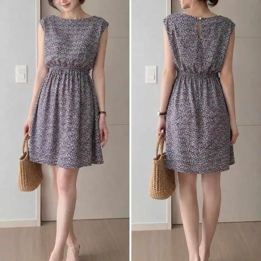[BUNJANG] Sleeveless Midi Dress with Flower Pattern / 플라워 패턴 민소매 원피스