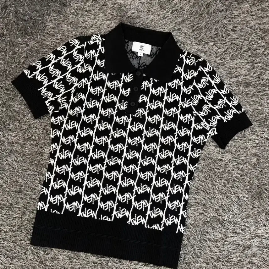 [BUNJANG] Anew Short Sleeve Collar Knit Black Pattern M / 어뉴 반팔 카라 니트 블랙 패턴 M