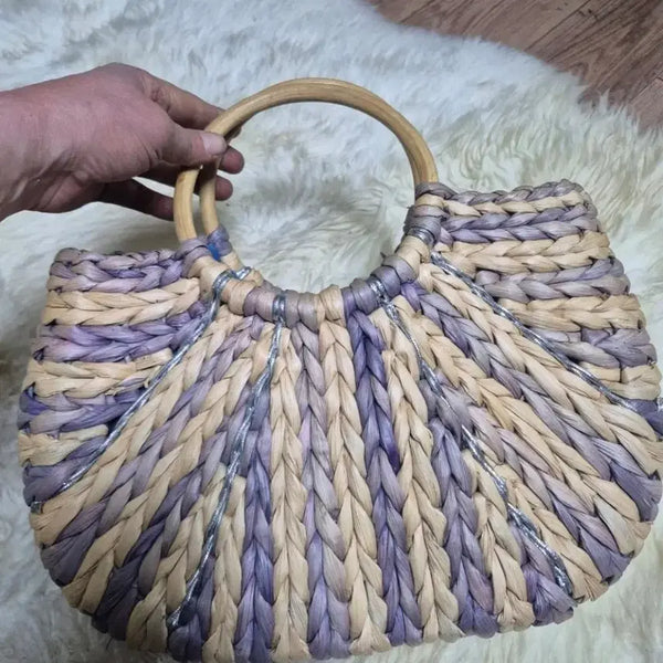 [BUNJANG] Wood Handle Rattan Tote Bag - Purple Beige / 우드 핸들 라탄 토트백 퍼플 베이지
