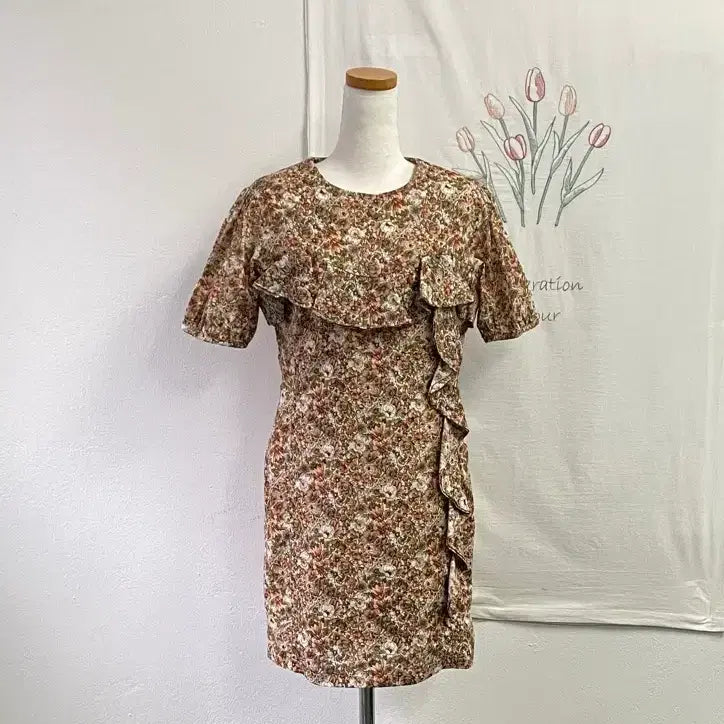 [BUNJANG] Imvely Flower Pattern Frill Short Sleeve Mini Dress / 3회착용-임블리 플라워 패턴 프릴 반팔 미니 원피스