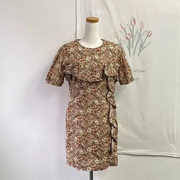 [BUNJANG] Imvely Flower Pattern Frill Short Sleeve Mini Dress / 3회착용-임블리 플라워 패턴 프릴 반팔 미니 원피스