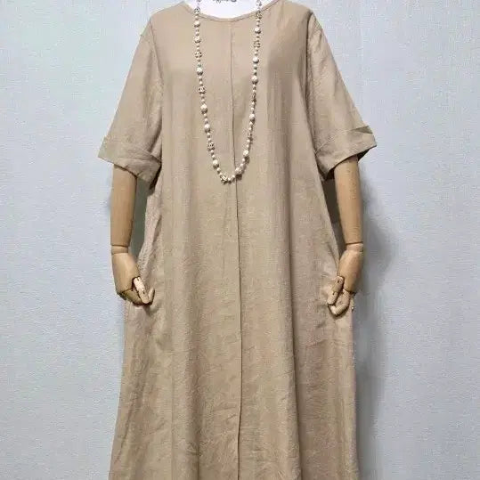 [BUNJANG] JAJU Linen Short-Sleeve Long Dress Beige / 자주 브랜드 베이지 린넨 반팔 롱 원피스