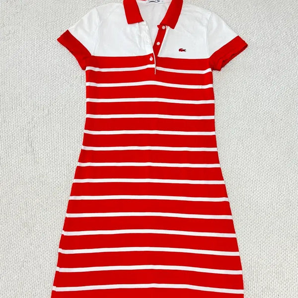 [BUNJANG] Lacoste Deep Orange Stripe Short Sleeve Midi Dress / 라코스테 딮오렌지 스트라이프 반팔 원피스