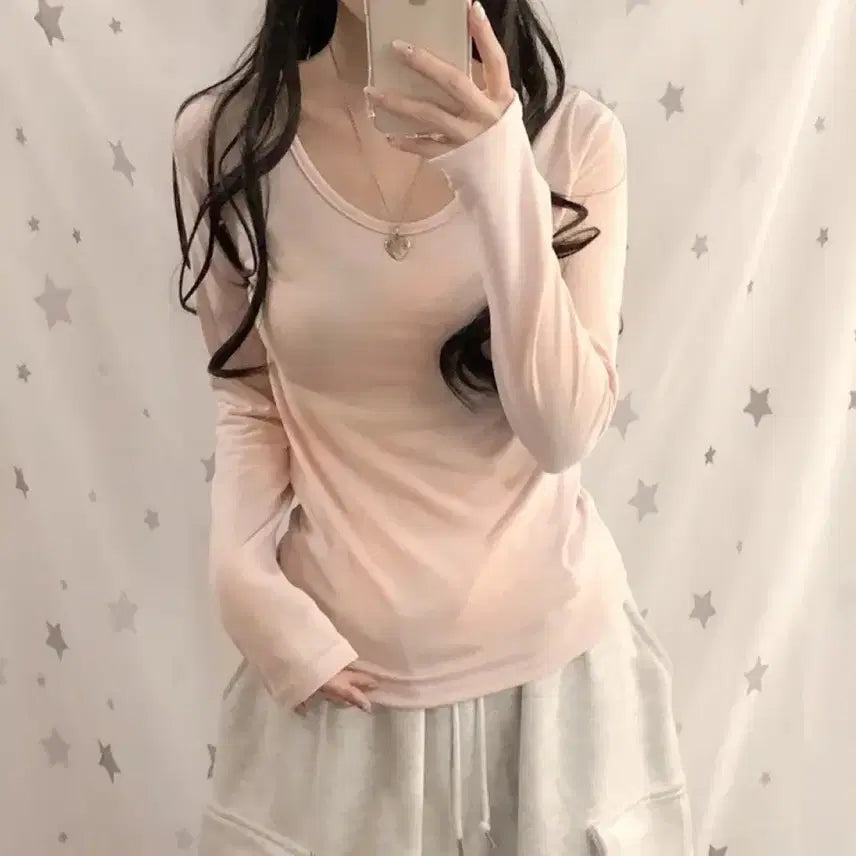 [BUNJANG] U-Neck Basic Long Sleeve T-Shirt / 유넥 무지 기본 이너 긴팔 티셔츠