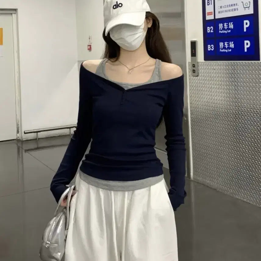 [BUNJANG] Temu Off-Shoulder Faux Two-Piece Dress / 테무 오프숄더 가짜 투피스