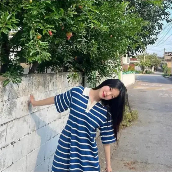 [BUNJANG] At Corner Stripe Waffle Dress Blue / 앳코너 스트라이프 와플 드레스 블루