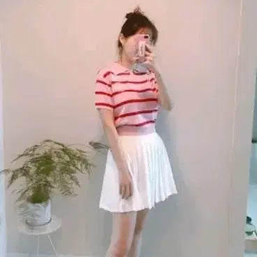 [BUNJANG] Delicerrt Pink Stripe Short Sleeve Knit / Delicerrt 델리센트 핑크 스트라이프 반팔 니트