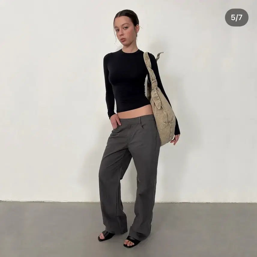 [BUNJANG] Gimyung Suede Low-Rise Pants Charcoal M / 기명 스웨이드 로우라이즈 팬츠 차콜 m