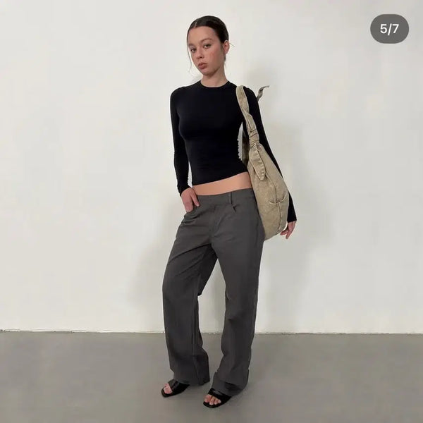 [BUNJANG] Gimyung Suede Low-Rise Pants Charcoal M / 기명 스웨이드 로우라이즈 팬츠 차콜 m