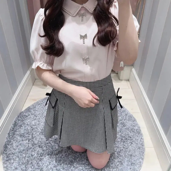 [BUNJANG] Evelyn Bijoux Ribbon Short Sleeve Blouse Pink / evelyn 에블린 비쥬 리본 반팔 블라우스 핑크