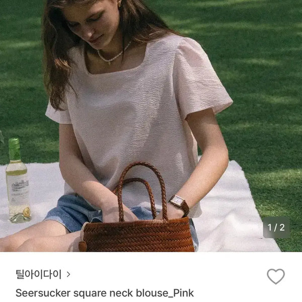 [BUNJANG] 틸아이다이 Seersucker Square Neck Blouse Pink / 틸아이다이 시어서커 스퀘어넥 블라우스 핑크