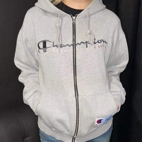 [BUNJANG] Champion Embroidered Logo Grey Hoodie Zip-Up / 챔피온 로고 자수 그레이 후드집업