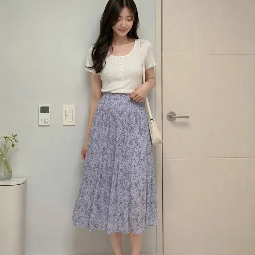 [BUNJANG] Lavender Floral Pattern Long Pleated Skirt / 연보라 플라워 패턴 롱 플리츠 스커트