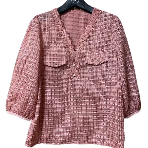[BUNJANG] Lace Trim Checkered V-Neck Blouse / 레이스 체크 브이넥 블라우스