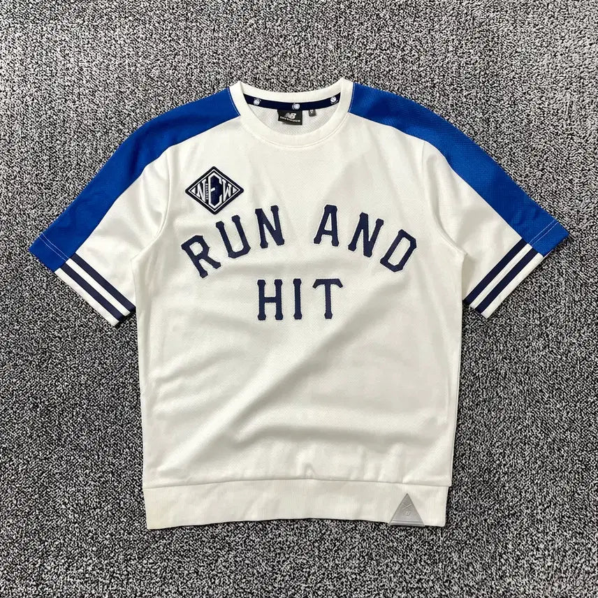 [BUNJANG] New Balance Colorblock Baseball Short Sleeve T-Shirt / 빈티지9. 뉴발란스 블록코어 베이스볼 런앤힛 반팔 티셔츠 블루 화이트