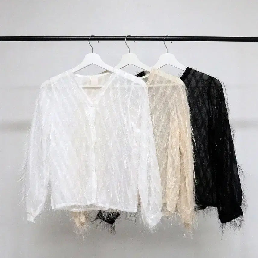 [BUNJANG] Feather Sheer Blouse Cardigan (White, Black) / 깃털 소재 시스루 블라우스 가디건(화이트,블랙)