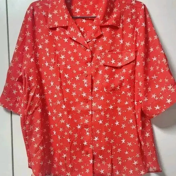 [BUNJANG] PAT Red Short Sleeve Blouse with Star Pattern / PAT 별 패턴 레드 반팔 블라우스