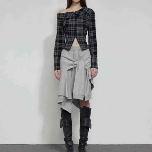 [BUNJANG] Bohemian Seoul One Shoulder Check Blouse / 보헤미안서울 원숄더 슬림핏 체크 셔츠 블라우스 m 판매 오프숄더 보헴서