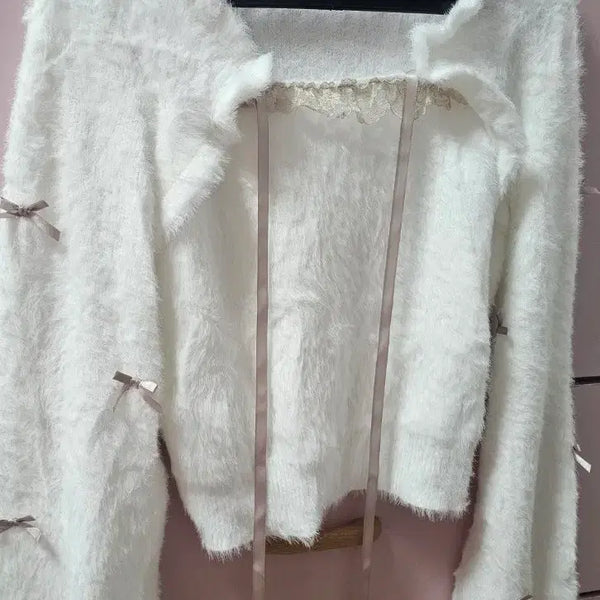 [BUNJANG] MA*RS Chibi Ribbon Cape-style Knit White/Pink / 택포 마즈 MA*RS 치비 리본 케이프풍 니트 화이트/핑크