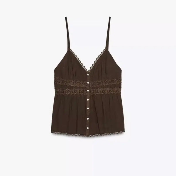 [BUNJANG] Zara Lace Chiffon Top Brown / 자라 레이스 쉬폰 탑 브라운