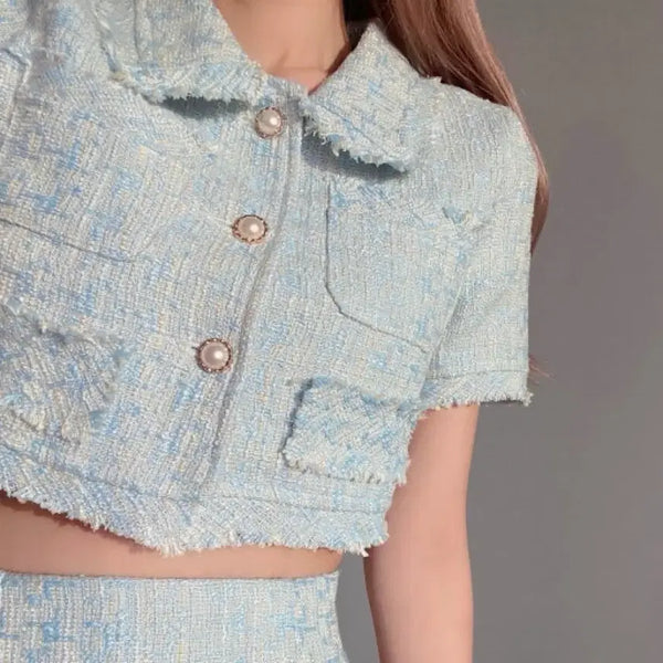 [BUNJANG] Tweed Short Sleeve Cropped Jacket and Skirt Set (Size S) / 트위드 반팔 크롭 자켓 치마 세트 (s)