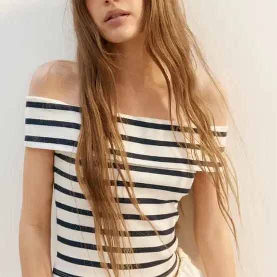 [BUNJANG] H&M Ribbed Off-Shoulder Top White Stripe / h&m 리브드 오프숄더 탑 화이트 스트라이프