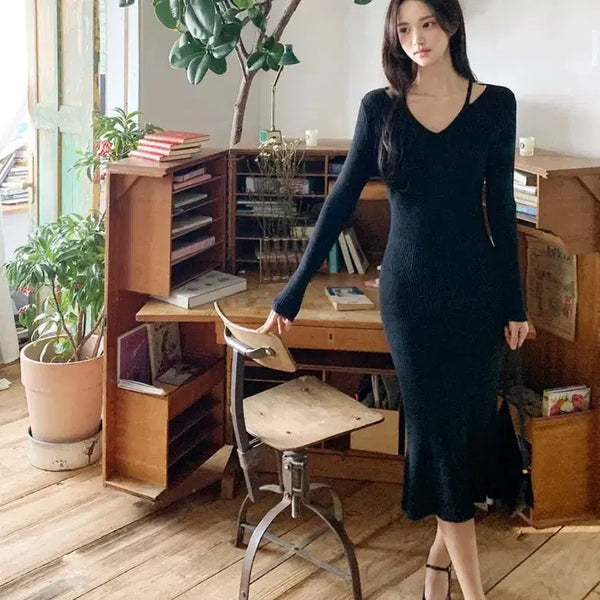 [BUNJANG] Milkcocoa Black Slim Fit Knit Long Dress / 밀크코코아 블랙 슬림핏 니트 롱원피스