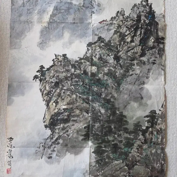 [BUNJANG] Kim Young-hak (Merited Artist) "Jangsu Mountain" Korean Painting / [희귀/대작/조선화] 북한 공훈예술가 '김영학'의 조선화 - 장수산의 기