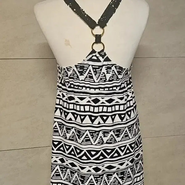 [BUNJANG] Patterned Sleeveless Rash Guard Mini Dress with Lace Straps / 패턴 민소매 레이스끈 래쉬가드겸 미니 원피스