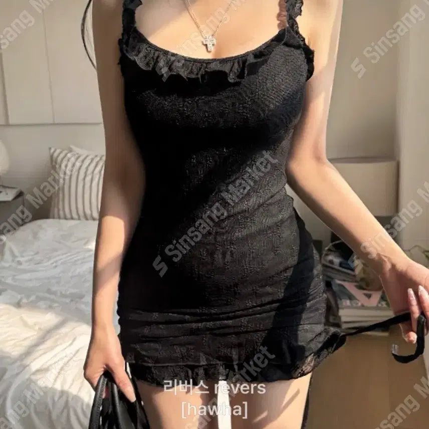 [BUNJANG] Lace Ruffle Mini Dress - Black / 레이스 꽃 셔링 원피스  블랙