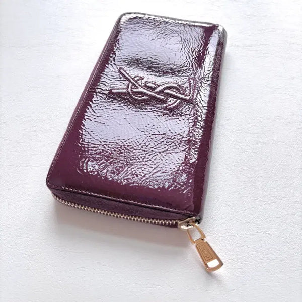 [BUNJANG] Yves Saint Laurent Purple Zipper Long Wallet Patent Burgundy / 입생로랑 퍼플 지퍼 장지갑 애나멜 버건디 자주 풀박스