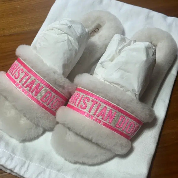[BUNJANG] Dior Shearling Fuchsia Logo Slide Sandals Women's / 디올 시어링 푸시아 로고 슬리퍼 샌들 여성