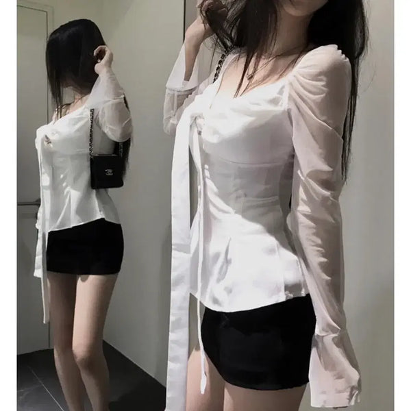 [BUNJANG] Cream Cheese Market Satin See-Through Blouse Black/White / 크림치즈마켓 새틴 시스루 블라우스 블랙/화이트